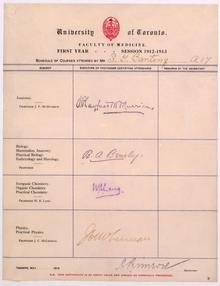 Certificate of courses attended by F. G. Banting at the Faculty of Medicine, University of Toronto. Digital ID: A10004. Location: MS. COLL 76 (Banting) Scrapbook 2, Box 1, Page 2 and 3