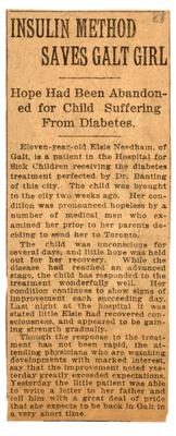 Insulin method saves Galt girl. Digital ID: C10113. Location: MS. COLL 76 (Banting) Scrapbook 1, Box 1, Page 88