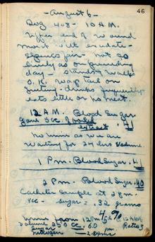 Notes dated Aug. 6 - 7 from laboratory notebook 1 21/01/ - 10/08/1921. Digital ID: N10017. Location: MS. COLL. 76 (Banting), Box 6A, Folder 6