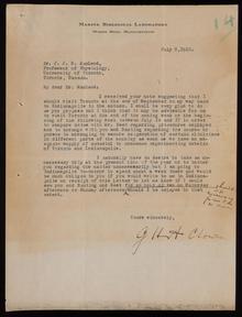 Letter to Dr. Macleod 8/07/1922. Location: Aventis Pasteur Limited Archives 95-025-01Digital ID: L10455