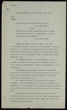 Indenture between the Governors of the University of Toronto and the Eli Lilly Company. Digital ID: Q10014. Location: MS. COLL. 269 (Collip), Box 37, Folder 5