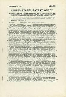 United States patent no. 1,469,994; patented Oct. 9, 1923 ... Extract obtainable from the mammalian pancreas or from the related glands in fishes, useful in the treatment of diabetes mellitus, and a method of preparing it.