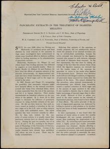 Pancreatic extracts in the treatment of diabetes mellitus. Digital ID: T10011. Location: MS. COLL. 76 (Banting), Box 61, Folder 12