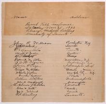 Attendees of round table conference, University of Toronto, 25/11/1922. Digital ID: W10021 Location: MS. COLL 76 (Banting) Scrapbook 1, Box 3, Page 173