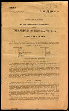 Proof of the report on the League of Nations second international conference on the standardisation of biological products. Digital ID: W10032 Location: University of Toronto Archives. A1982-0001, Box 62, Folder 1