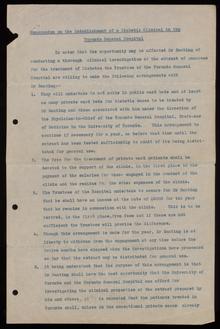 Memorandum on the establishment of a diabetic clinic in the Toronto General Hospital. Digital ID: W10039. Location: University of Toronto Archives. A1967 - 0007, Box 76a, Banting Folder