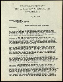 Application for a license to manufacture insulin. Digital ID: W10042 Location: University of Toronto Archives. A1982-0001, Box 10, Folder 10