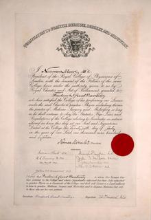 Certificate from the Royal College of Physicians of London granting F. G. Banting license to practise medicine, surgery, and midwifery. Digital ID: A10007. Location: MS. COLL 76 (Banting) Scrapbook 2, Box 1, Page 6